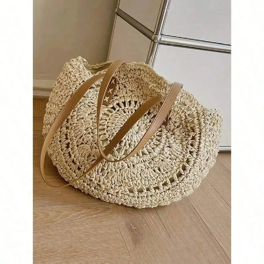 Handwoven Hollow Straw Round Tote Bag with Open Design Summer Carryall