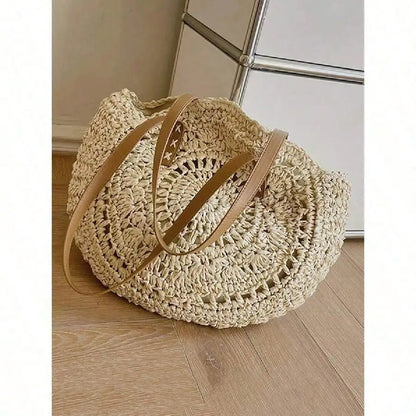 Handwoven Hollow Straw Round Tote Bag with Open Design Summer Carryall