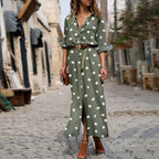 Button Front Polka Dot Maxi Shirt Dress with Belt and Side Split