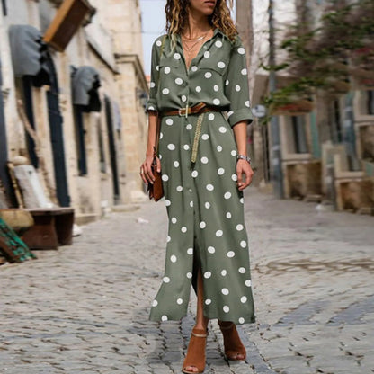 Button Front Polka Dot Maxi Shirt Dress with Belt and Side Split