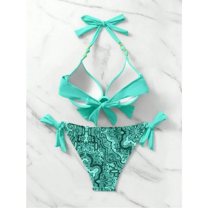 Vibrant Turquoise Underwire Bikini with Mixed Animal Print Bottoms