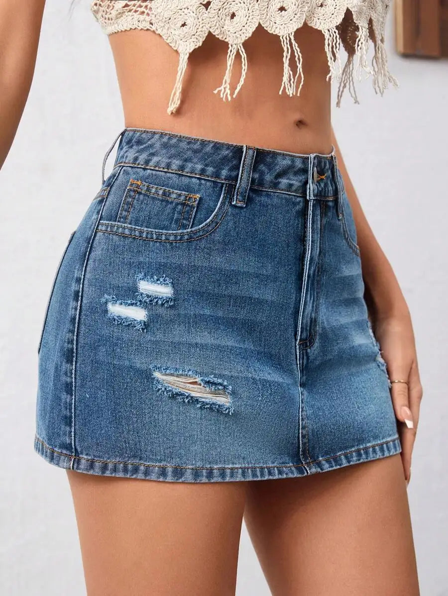 Distressed Denim Mini Skirt with Ripped Details and Streetwear Edge