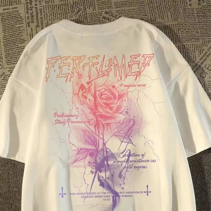 Rose Graphic Streetwear Cotton Blend T-Shirt With Edgy Urban Artwork
