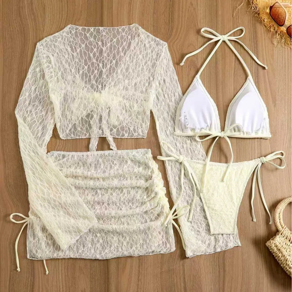Four-Piece Cream Lace Resort Set with Triangle Bikini and Cover-Ups