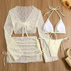 Four-Piece Cream Lace Resort Set with Triangle Bikini and Cover-Ups