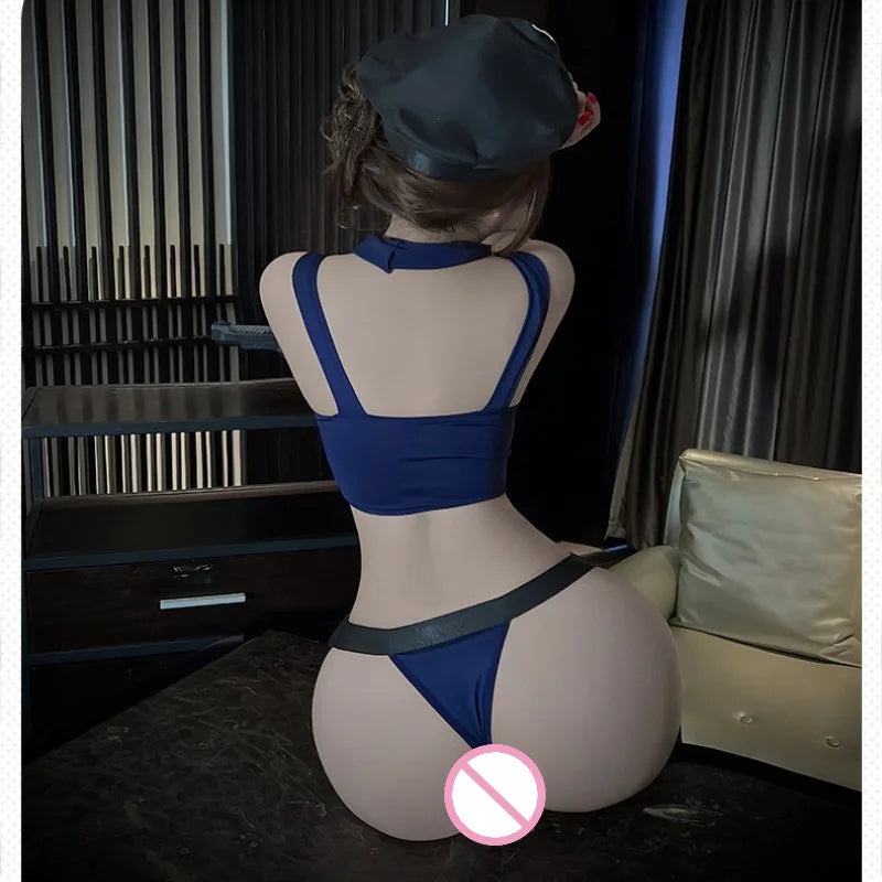 Two-Piece Navy Thematic Crop Top and Panty Set with Harness Details and Cap
