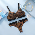 Rhinestone Logo Strap Plunge Push-Up Bra and Matching Embellished Brazilian Thong Set