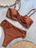 Olive Green Bandeau Bikini Set with Center Hardware and Ruched Detailing