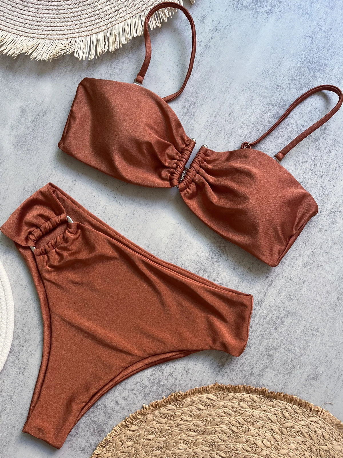 Olive Green Bandeau Bikini Set with Center Hardware and Ruched Detailing