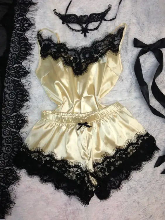 Contrasting Black Lace and Peach Satin-Finish Two-Piece Cami and Shorts Sleep Set