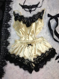 Contrasting Black Lace and Peach Satin-Finish Two-Piece Cami and Shorts Sleep Set