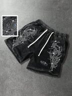 Men's Loose Graphic Print Drawstring Sports Shorts with Distressed Streetwear Inspired Design
