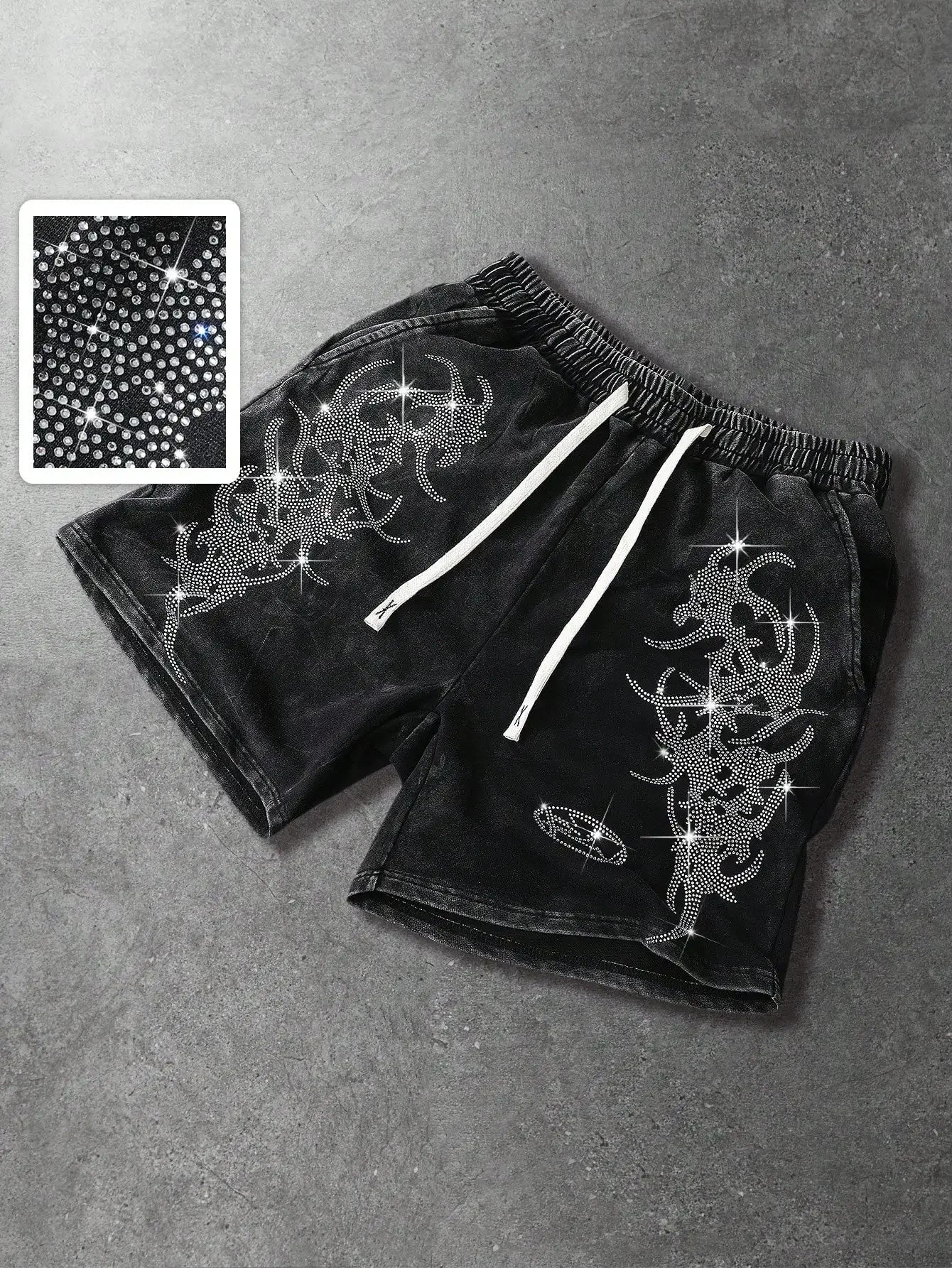 Men's Loose Graphic Print Drawstring Sports Shorts with Distressed Streetwear Inspired Design