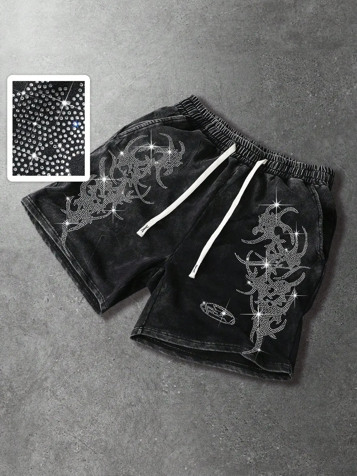 Men's Loose Graphic Print Drawstring Sports Shorts with Distressed Streetwear Inspired Design