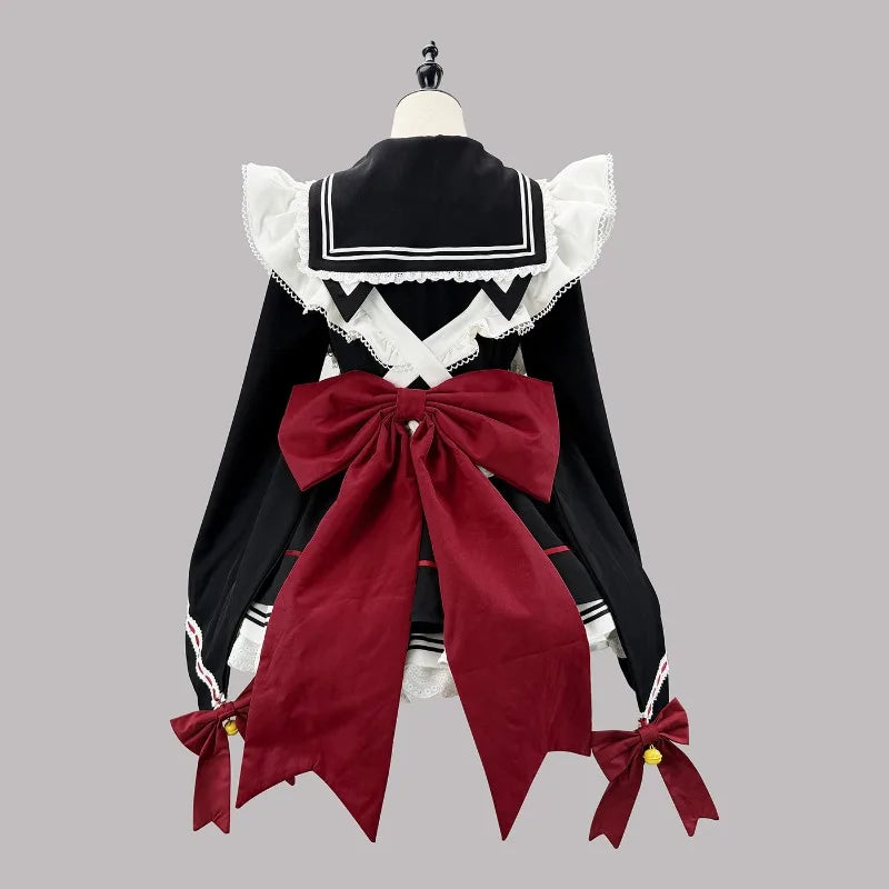 Classic Long-Sleeve Sailor Maid Dress with Ruffled Apron and Crimson Bow