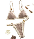 Textured Taupe Triangle Bikini with White Contrast Piping and Ring Hardware