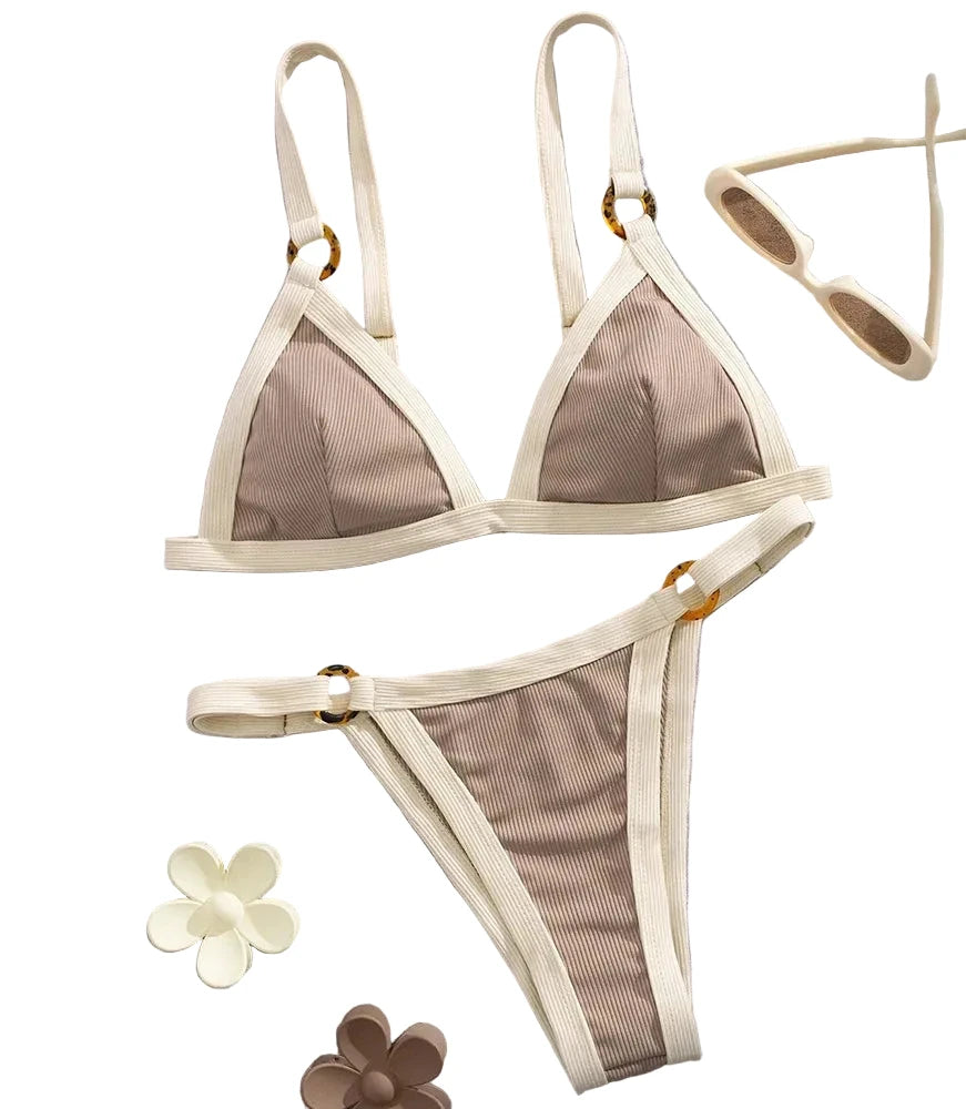 Textured Taupe Triangle Bikini with White Contrast Piping and Ring Hardware