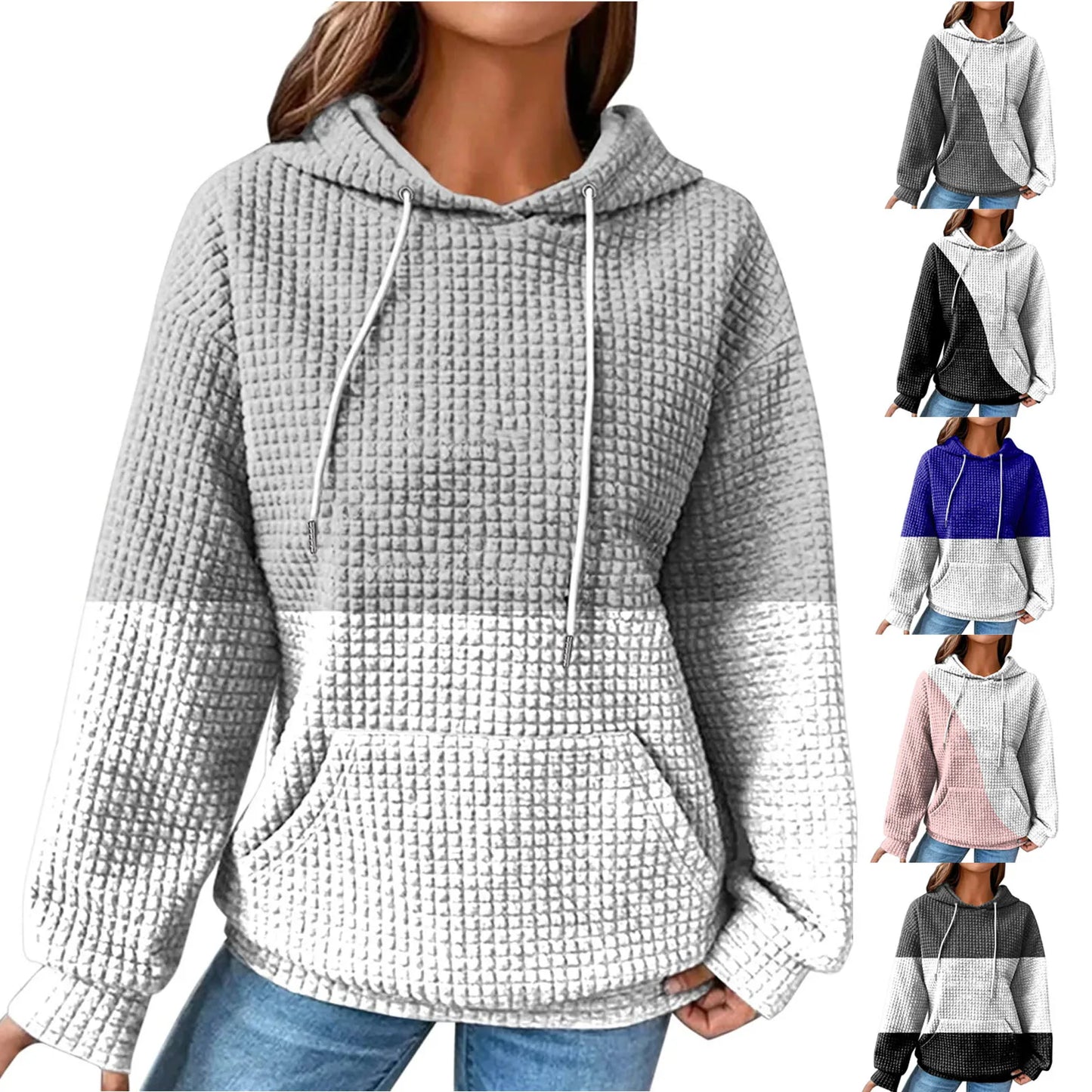 Women's Oversized Color Block Waffle Knit Hoodie for Relaxed Everyday Streetwear Style