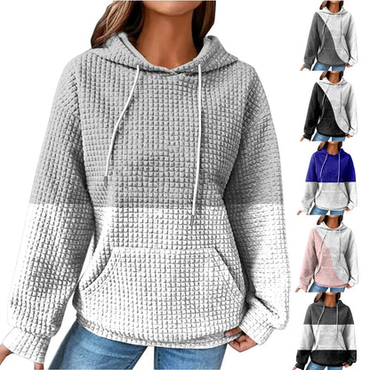 Women's Oversized Color Block Waffle Knit Hoodie for Relaxed Everyday Streetwear Style