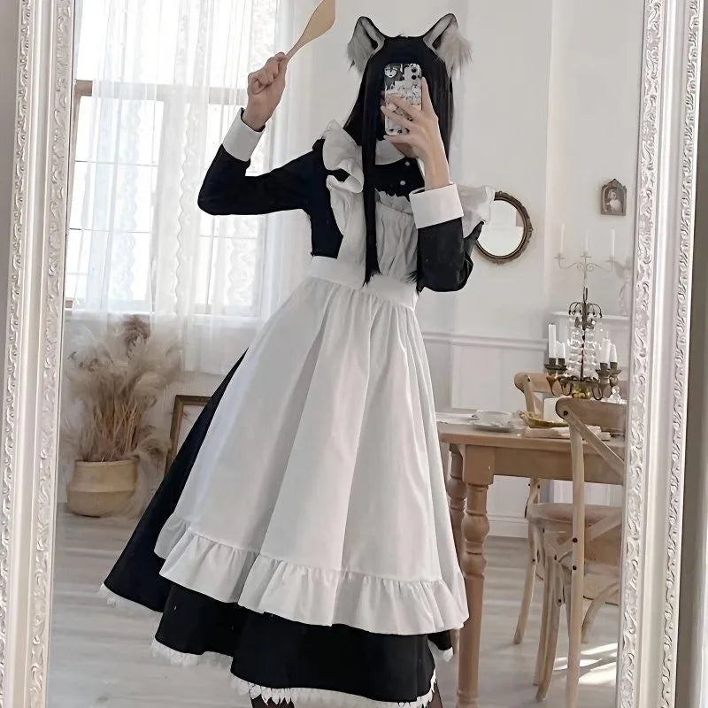 Classic Monochromatic Ruffled Maid Dress with Sweetheart Bow Detailing