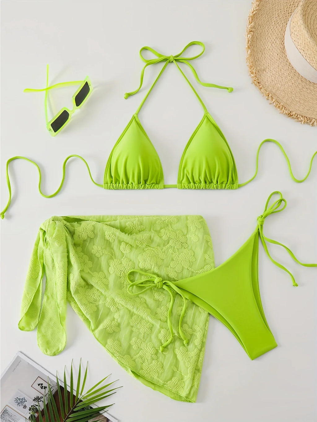 Bright Turquoise Three-Piece String Bikini Set with Matching Tie Sarong