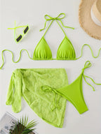 Bright Turquoise Three-Piece String Bikini Set with Matching Tie Sarong