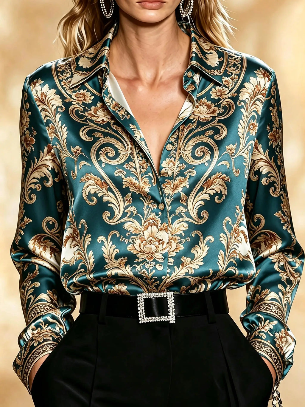 Teal Baroque Print Satin-Finish Blouse with Classic Button-Front Styling