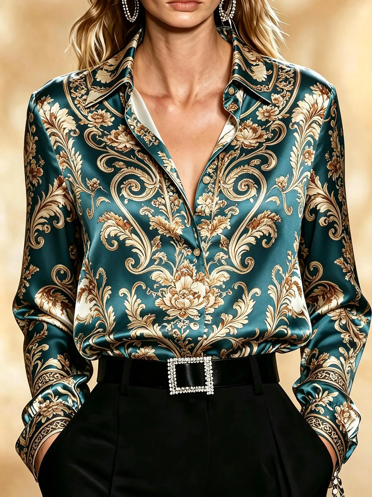 Teal Baroque Print Satin-Finish Blouse with Classic Button-Front Styling