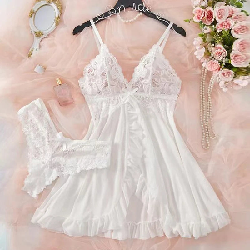 Sheer Black Mesh Split-Front Babydoll Set with Floral Lace Bodice