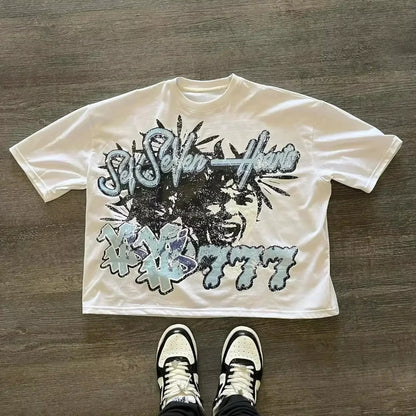 Oversized Newspaper Collage Graphic Cotton T-Shirt with Y2K Streetwear Styling