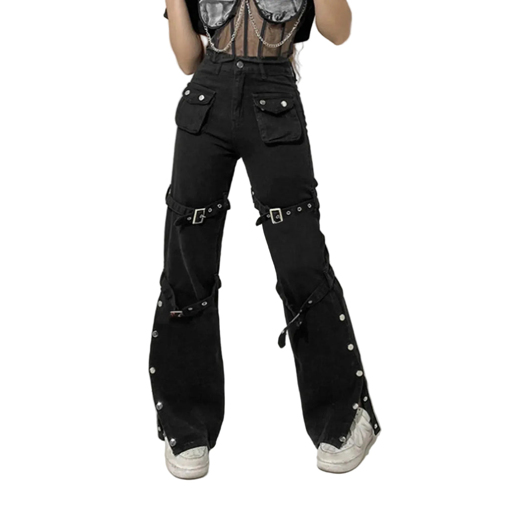 Buckle Detail Flared Pants Punk Inspired Alternative Streetwear Bottoms