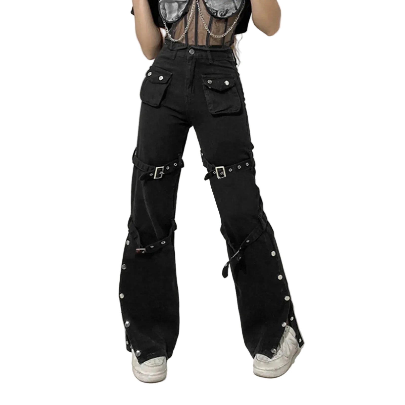 Buckle Detail Flared Pants Punk Inspired Alternative Streetwear Bottoms
