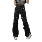 Low Rise Flared Streetwear Pants with Metal Buckle Detail and Split Hem Design