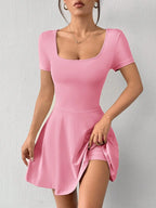Square Neck Short Sleeve A-Line Mini Dress with Flared Skater Silhouette