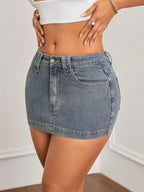 Washed Denim Bodycon Mini Skirt with Front Pockets and Slim Fit