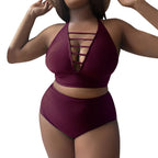 Black Textured High-Waisted Two-Piece Swimsuit with Strappy V-Neck Top and Wide Waistband Detail