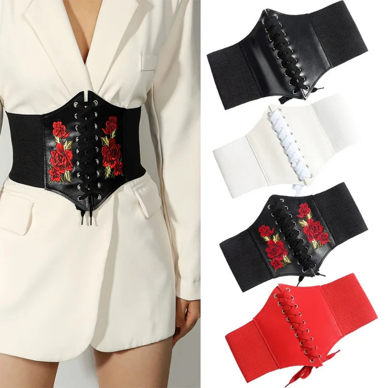 Embroidered Faux Leather Corset Belt with Wide Waist-Defining Silhouette