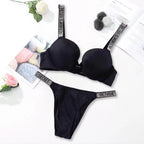 Sleek Minimalist Contour Underwire Bra and Thong Set with Crystal-Embellished Straps