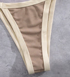 Textured Taupe Triangle Bikini with White Contrast Piping and Ring Hardware