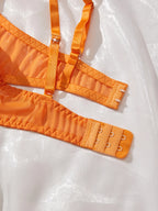 Vibrant Tangerine Sheer Mesh and Heavy Floral Embroidered Lingerie Set
