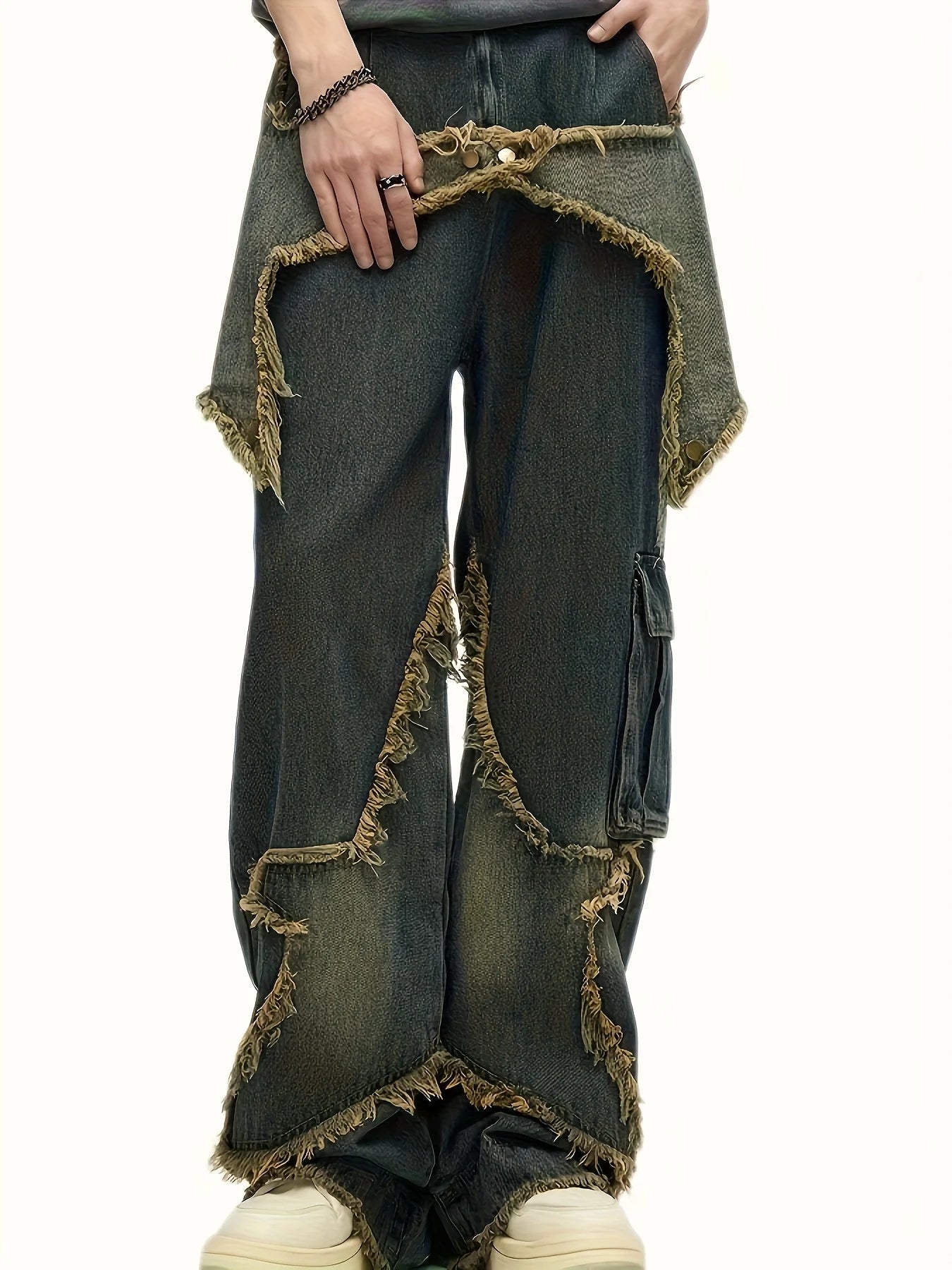 Men's Relaxed Wide Leg Denim Jeans with Decorative Stitching and Utility Pocket Design