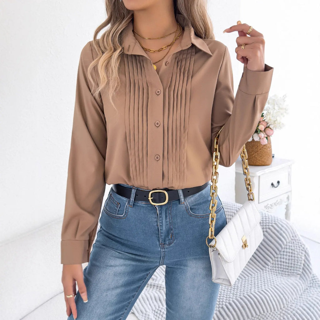 Elegant Emerald Green Long-Sleeve Blouse with Vertical Front Pleating
