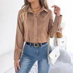 Elegant Emerald Green Long-Sleeve Blouse with Vertical Front Pleating