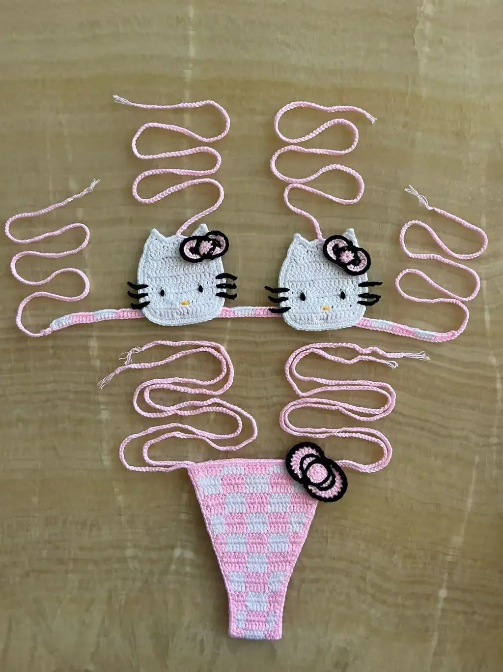 Hand-Crafted Crochet Halter Bikini Set with Whimsical Feline and Checkerboard Details