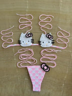 Hand-Crafted Crochet Halter Bikini Set with Whimsical Feline and Checkerboard Details