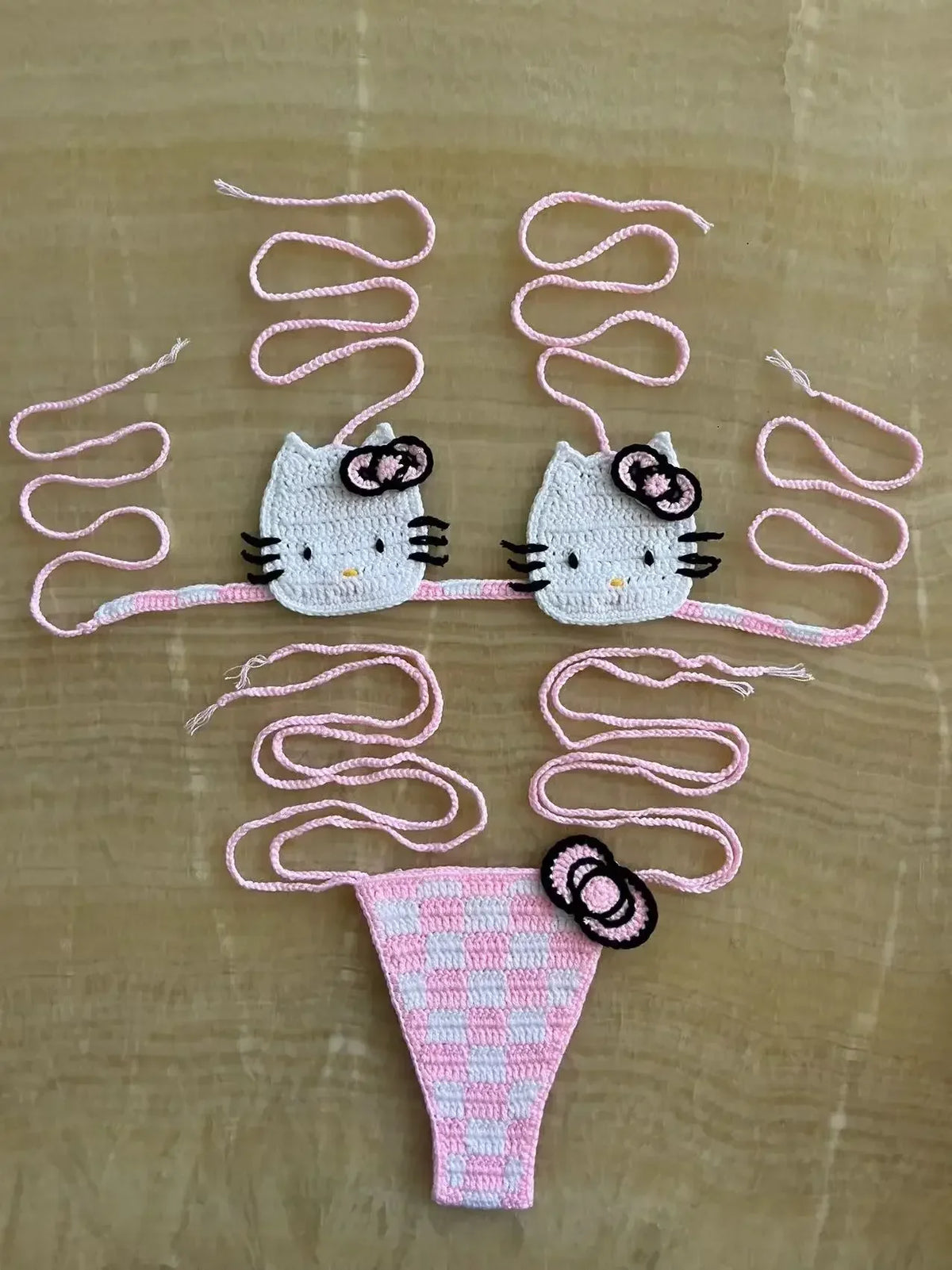 Hand-Crafted Crochet Halter Bikini Set with Whimsical Feline and Checkerboard Details