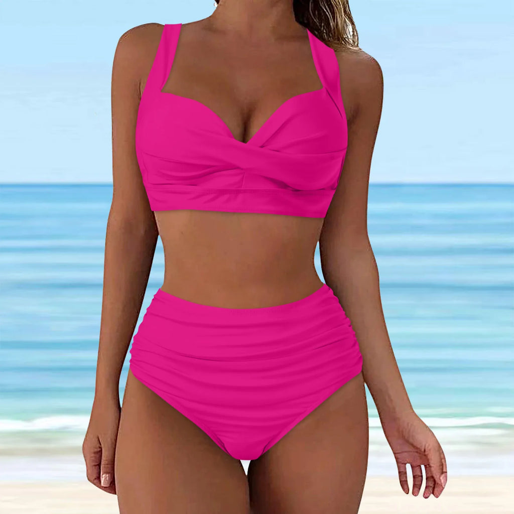 High-Waisted Blue Two-Piece Bikini Set with Structured Cup Detail and Feminine Frill Accent