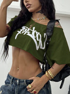 Off Shoulder Graphic Crop Tee with Relaxed Streetwear Inspired Silhouette