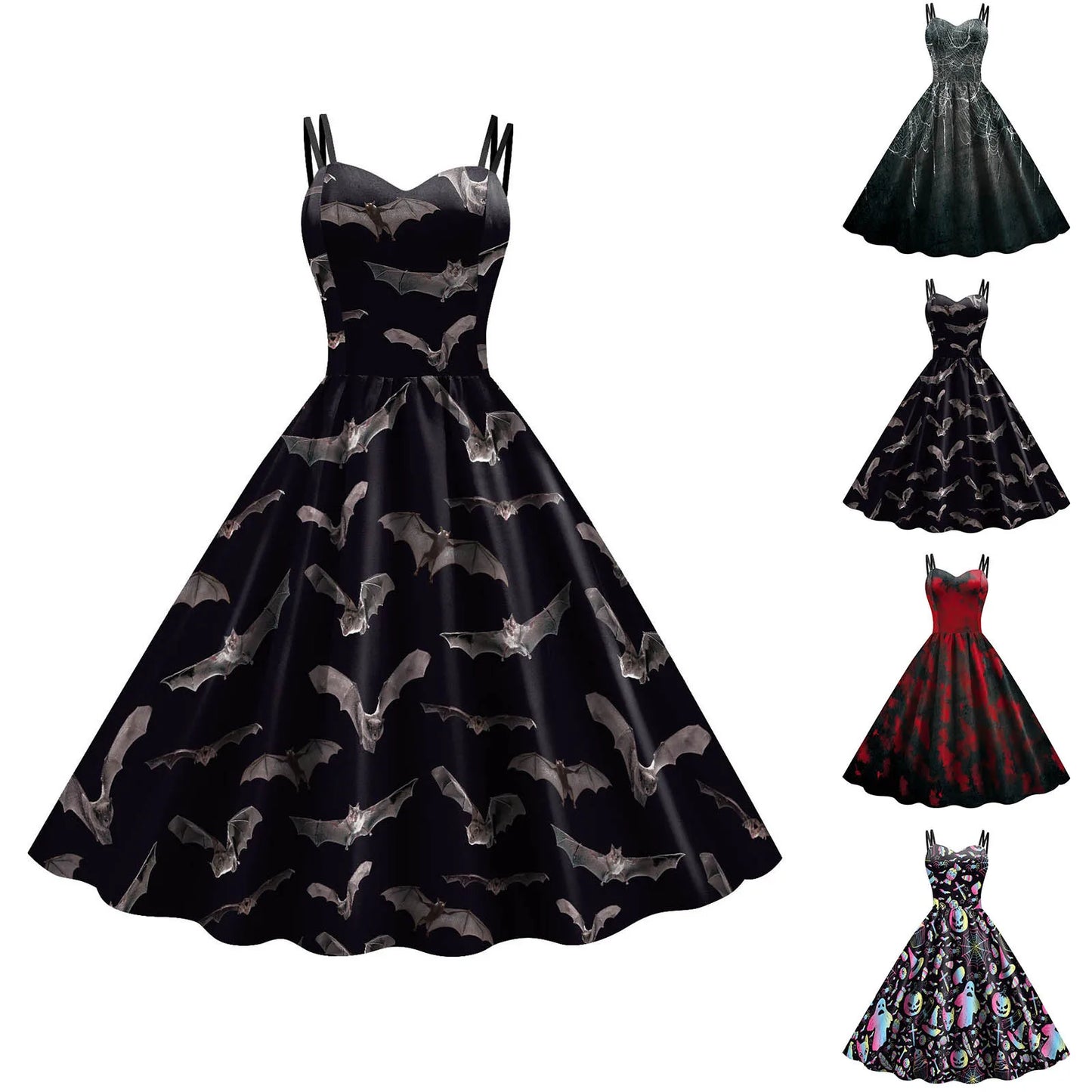 Vintage Bat Print Gothic Fit and Flare Alternative Fashion Dress