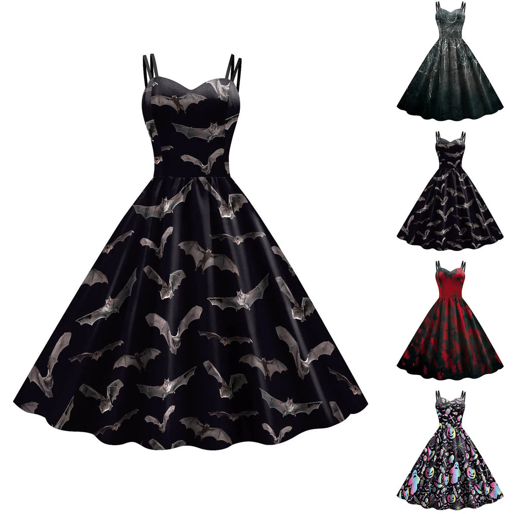 Retro 1950s Swing Dress with Sweetheart Neckline and Bat Print Motif